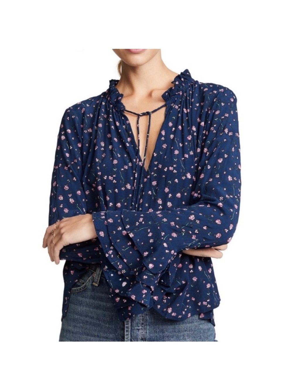 CLEOBELLA Phoebe Ruffle Long Sleeve Floral Blouse Navy Blue Size Medium